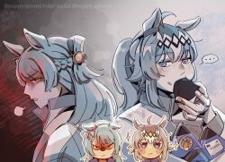 2girls ahoge angry animal_ears aqua_hair blank_speech_bubble blue_eyes blunt_bangs blunt_ends blunt_sidelocks blush bow braid commentary ear_ribbon ears_down eating folded_hair food food_on_face fujimasa_march_(umamusume) glaring glutton grey_hair half_up_half_down_braid highres holding holding_food horse_ears horse_girl jacket kasamatsu_tracen_training_uniform long_hair looking_at_another multicolored_eyes multiple_girls multiple_views oguri_cap_(umamusume) onigiri outline ponytail portrait red_eyes rice rice_on_face sappy_sprout sidelocks smile sparkle sparkling_aura speech_bubble sweat track_jacket two-tone_eyes umamusume umamusume:_cinderella_gray upper_body v-shaped_eyebrows white_outline yellow_eyes