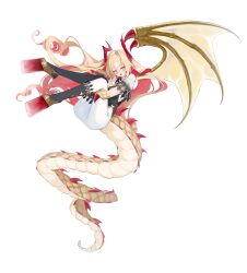 1girl absurdres ass blonde_hair blush bodysuit breasts commentary dragon_girl dragon_horns dragon_tail dragon_wings floating full_body hair_between_eyes highres holding_own_leg horns long_hair looking_at_viewer lumiore_(shadowverse) multicolored_hair open_mouth pointy_ears red_hair red_horns scales shadowverse shiro_wa_(shiroshironix) simple_background single_hair_intake single_wing skin_tight small_breasts smile solo tail two-tone_hair very_long_hair white_background wings yellow_eyes