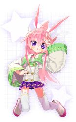 1girl :o absurdres axiacid collared_shirt commentary_request full_body hair_between_eyes hair_ears hair_flaps hair_ornament hand_on_own_head hand_on_own_hip highres long_hair long_pointy_ears long_sidelocks long_sleeves looking_at_viewer multicolored_shoes open_mouth original pink_hair pink_shoes pleated_skirt pointy_ears purple_eyes purple_skirt ribbon-trimmed_sleeves ribbon-trimmed_thighhighs ribbon_trim shirt shoes sidelocks skirt solo star_(symbol) star_hair_ornament star_in_eye suzuka_sutera_(axiacid) symbol_in_eye thighhighs topknot two-tone_shoes very_long_hair w white_shirt white_shoes white_thighhighs wide_sleeves