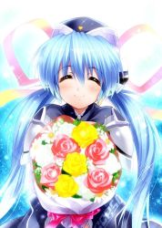 10s 1girl ^_^ announcement_celebration black_hat blue_hair bouquet closed_eyes female_focus flower hat hoshino_yumemi long_hair planetarian ribbon smile solo twintails zen