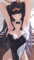 1girl absurdres alternate_costume animal_ears armpits arms_behind_head black_bow black_bowtie black_leotard blunt_bangs blush bow bowtie breasts circlet cleavage detached_collar fake_animal_ears fire_emblem fire_emblem_awakening grey_eyes highleg highleg_leotard highres large_breasts leotard long_hair looking_at_viewer nintendo playboy_bunny purple_hair rabbit_ears sidelocks smile solo straight-on strapless strapless_leotard tharja_(fire_emblem) thighs twintails upper_body wide_hips yoellim5