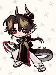Rule 34 | 1boy, arknights, black coat, brown hair, chibi, chongyue (arknights), coat, commentary request, dragon boy, dragon horns, dragon tail, earrings, fighting stance, full body, highres, holding hands, horns, jewelry, korean commentary, long hair, long sleeves, looking at viewer, low ponytail, male focus, multicolored hair, nills, pelvic curtain, pointy ears, ponytail, red eyes, standing, streaked hair, tail, wide sleeves, yellow background
