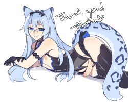 1boy animal_ears arm_strap black_gloves black_thighhighs blue_eyes blue_hair blue_tail cowboy_shot erection gloves highres leopard_boy leopard_ears light_blush long_hair male_focus mokotoko9 nipples original penis simple_background smile solo thank_you thighhighs trap white_background