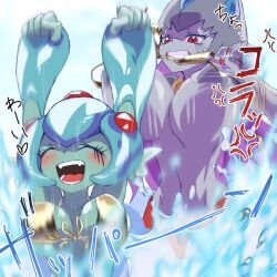 2girls anger_vein arms_up bikini blush bouncing_breasts breasts calamaramon clenched_hands colored_skin digimon digimon_(creature) digimon_frontier earrings evolutionary_line eyelashes front-tie_top gerusyu gold_bikini golden_week golden_week_bikini green_skin highres jewelry large_breasts missing_commentary multiple_girls nail_polish pointy_ears purple_skin ranamon swimsuit water
