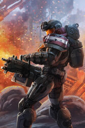1boy absurdres ammunition_box armor assault_visor backpack bag bullet_hole concept_art fire gun halo:_reach halo_(series) heavy_machine_gun highres isaac_hannaford jorge-052 m247h_heavy_machine_gun machine_gun official_art photoshop_(medium) power_armor science_fiction shoulder_armor smoke solo spartan_(halo) standing weapon