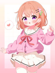 1girl blush brown_hair cardigan collarbone flat_chest flower gochuumon_wa_usagi_desu_ka? grid grid_background hair_flower hair_ornament hairclip heart highres hoto_cocoa long_sleeves looking_at_viewer neck_ribbon open_mouth panties panty_peek pink_cardigan pink_eyes pink_panties r245 red_ribbon ribbon school_uniform short_hair skirt speech_bubble spoken_heart standing thighhighs underwear white_background white_skirt white_thighhighs wind wind_lift