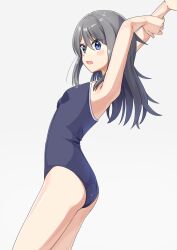 Rule 34 | 1girl, absurdres, armpits, arms up, blue eyes, blue one-piece swimsuit, breasts, commentary request, competition school swimsuit, cowboy shot, grey hair, highres, long hair, negimiso1989, one-piece swimsuit, original, school swimsuit, simple background, small breasts, solo, swimsuit, white background