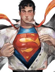 1boy arms_up black_hair black_jacket black_pants clark_kent closed_eyes closed_mouth collared_shirt commentary dc_comics fingernails highres jacket jacket_on_shoulders male_focus necktie open_clothes open_shirt pants parted_hair pearlyx_z red_necktie shirt shirt_tucked_in short_hair solo straight-on suit_jacket superhero_costume superman superman_(series) superman_logo undone_necktie upper_body white_background white_shirt wing_collar