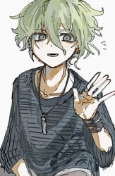 Rule 34 | 1boy, amami rantaro, blush, collarbone, commentary request, danganronpa (series), danganronpa v3: killing harmony, ear piercing, earrings, eyelashes, green eyes, green hair, hair between eyes, highres, jewelry, long sleeves, looking at viewer, male focus, multiple piercings, necklace, open mouth, piercing, shirt, short hair, sketch, smile, solo, striped clothes, striped shirt, waving, white background, yasaijui
