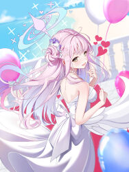 1girl absurdres beach blue_archive blurry blurry_background blush breasts commentary dress feathered_wings gradient_hair hair_bun halo highres long_hair looking_at_viewer looking_to_the_side median_furrow medium_breasts mika_(blue_archive) multicolored_hair pink_hair railing sikimosh single_side_bun smile solo strapless strapless_dress very_long_hair white_dress white_wings wings yellow_eyes