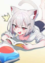 1girl absurdres animal_ears bag_of_chips barefoot black_shorts book breasts cat_ears cat_girl cat_tail chips_(food) dolphin_shorts downblouse extra_ears fang food grey_hair highres holding holding_book looking_at_viewer lying multicolored_hair neneko_mashiro nervous_smile on_stomach open_mouth potato_chips red_hair sake_goroke shirt short_hair short_sleeves shorts skin_fang smile stellive streaked_hair surprised tail virtual_youtuber white_shirt