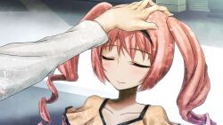 1boy 1girl akiha_rumiho black_hairband black_trim blush casual closed_mouth dress drill_hair eyelashes facing_viewer fingernails frilled_dress frilled_sleeves frills game_cg hair_between_eyes hairband hand_on_another&#039;s_head happy headpat highres huke lab_coat long_hair long_sleeves non-web_source official_art okabe_rintarou pink_eyes pink_hair pov pov_hands relaxing ringed_eyes short_sleeves smile square_pupils steins;gate steins;gate:_my_darling&#039;s_embrace tsurime twin_drills twintails yellow_dress