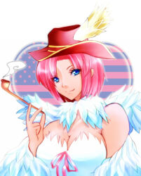 1girl akanegusa american_flag american_flag_print bikini blue_eyes breasts cleavage closed_mouth commentary_request feather_trim feathered_wings flag_print hat holding holding_smoking_pipe large_breasts looking_at_viewer pink_hair pink_ribbon plume ragnarok_online red_hat ribbon smile smoking_pipe solo swimsuit upper_body wanderer_(ragnarok_online) white_background white_bikini white_wings wings