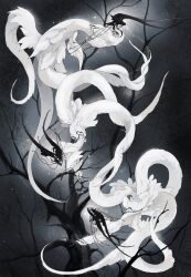absurdres antennae bare_tree black_horns branch colored_skin deepsea9013 feathered_wings feathers glowing glowing_eye grey_background highres horns in_tree intertwined_tails long_horns long_tail monster monster_focus multicolored_skin no_humans original tail talons tree two-tone_skin white_feathers white_wings wings