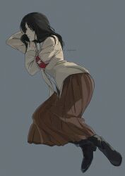 1girl armband black_hair boots coat darao_(daradara_suyaaa) grey_eyes highres long_hair long_sleeves lying marley_military_uniform on_side pieck_finger shingeki_no_kyojin shirt skirt solo twitter_username