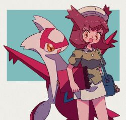 1girl :d bag bianca_(pokemon_heroes) blue_bag brown_eyes brown_hair gen_3_pokemon green_shirt hat highres holding holding_sketchbook latias legendary_pokemon looking_at_viewer mgomurainu nintendo open_mouth pokemon pokemon_(anime) pokemon_(classic_anime) pokemon_(creature) pokemon_heroes:_latios_&amp;_latias shirt short_sleeves shoulder_bag sketchbook skirt smile white_headwear white_skirt