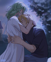 Rule 34 | 1boy, 1girl, absurdres, arms around neck, arms around waist, bags under eyes, black shirt, blonde hair, blue pants, building, closed eyes, closed mouth, commentary, denim, dimitri alexandre blaiddyd, dimitri alexandre blaiddyd (timeskip), dress, english commentary, female byleth (enlightened) (fire emblem), female byleth (fire emblem), fingernails, fire emblem, fire emblem: three houses, green hair, hair behind ear, hetero, highres, jeans, kiss, kissing head, long hair, night, night sky, nintendo, outdoors, pants, shirt, sitting, sky, sleeves rolled up, tree, v-neck, viria13, white dress