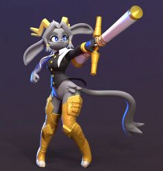 1girl 3d armored_boots armored_legwear black_shirt blue_eyes boots bottomless breasts fingerless_gloves gloves gradient_background grey_fur grey_hair holding holding_weapon hooves horns knee_pads large_breasts lemurfeature long_sleeves long_tail looking_at_another pseudoregalia purple_background shirt shirt_buttons short_hair sidelocks simple_background sleeveless sybil_(pseudoregalia) tail very_long_ears weapon wide_hips