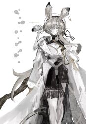 Rule 34 | 1girl, animal ears, arknights, black skirt, blonde hair, brown eyes, coat, dorothy (arknights), ear tag, feet out of frame, hair between eyes, highres, jerboa tail, lab coat, long hair, looking at viewer, mouse ears, muted color, nou darake, sidelocks, single bare shoulder, sketch, skirt, solo, standing, twitter username, white background, white coat, white skirt