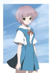 1girl absurdres andreypavlow ayanami_rei ayanami_rei_(cosplay) blue_sky blue_vest collared_shirt cosplay highres medium_skirt nagato_yuki neck_ribbon neon_genesis_evangelion purple_hair red_ribbon ribbon school_uniform shirt short_hair short_sleeves skirt sky solo standing suzumiya_haruhi_no_yuuutsu tokyo-3_middle_school_uniform vest white_shirt