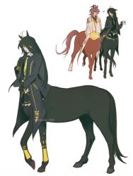 2girls agnes_tachyon_(umamusume) ahoge animal_ears black_gloves black_hair black_jacket black_skirt black_sweater brown_hair centaur closed_mouth coat coffee_mug commentary_request cup earrings full_body gloves hair_between_eyes heart holding holding_cup horang_1203 horse_ears horse_tail huge_ahoge jacket jewelry korean_commentary lab_coat long_bangs long_hair long_hair_between_eyes long_sleeves looking_at_viewer manhattan_cafe_(umamusume) monster_girl monsterification mug multicolored_hair multiple_girls multiple_legs necktie open_clothes open_coat open_jacket open_mouth red_eyes shirt short_hair short_necktie sidelocks simple_background single_earring skirt sleeves_past_fingers sleeves_past_wrists standing sweater sweater_vest tail taur twitter_username umamusume white_background white_coat white_hair yellow_eyes yellow_necktie yellow_sweater_vest