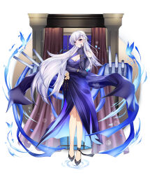 1girl absurdres azur_lane bare_shoulders belfast_(azur_lane) belfast_(the_noble_attendant)_(azur_lane) black_shoes blue_butterfly braid breasts bug butterfly champagne_flute cleavage cocktail_dress column criss-cross_halter cup dress drinking_glass elbow_gloves evening_gown full_body gloves half_up_braid halter_dress halterneck highres insect large_breasts long_hair looking_at_viewer official_alternate_costume pillar purple_eyes purple_gloves shoes solo standing variant_set very_long_hair white_hair zecond