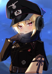1girl absurdres adjusting_clothes adjusting_scarf belt blonde_hair blush box box_of_chocolates breath brown_gloves chocolate cross epaulettes food gloves hat headphones highres holding holding_chocolate holding_food iron_cross jiseki_rena looking_at_viewer military_dress_uniform military_uniform nazi necktie original peaked_cap red_eyes reichsadler rena_(jiseki_rena) scarf short_hair skirt solo thighhighs totenkopf tsurime valentine