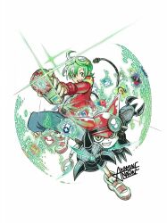 Rule 34 | 2boys, absurdres, appmon, cable, digimon, digimon universe: appli monsters, gatchmon, green hair, happy, hat, highres, looking at viewer, multiple boys, naoki akamine, official art, sharp teeth, shinkai haru, smile, teeth