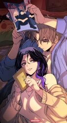Rule 34 | 1boy, 1girl, black hair, blue sweater, book, brown hair, hands up, highres, jacket, jixksee, lee yeowoon, looking at another, looking back, lying, magazine (object), multicolored hair, my bias gets on the last train, purple hair, shin hae-in, shirt, smile, sweater, tagme, two-tone hair, white shirt, yellow jacket