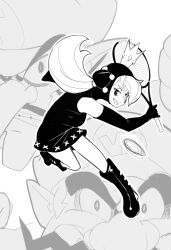 1girl 2boys absurdres black_dress black_footwear black_gloves blonde_hair boots breasts crown dress elbow_gloves full_body gloves greyscale highres holding holding_racket hood hood_up hooded_dress knee_boots mario_(series) mario_power_tennis mario_tennis monochrome multiple_boys nintendo racket sharp_teeth sho-n-d sleeveless sleeveless_dress small_breasts solo_focus spikes teeth tennis_racket waluigi wario warupeach