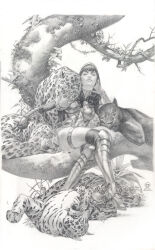 Rule 34 | animal, armor, armored boots, bindweed, black fur, black hair, boots, bracelet, branch, breasts, closed eyes, crossed legs, curly hair, dc comics, fingerless gloves, flower, gauntlets, gloves, greyscale, hair over shoulder, hairband, highres, in tree, jaguar, jewelry, julian totino tedesco, jungle, knee pads, leaf, leotard, long hair, long sleeves, looking at viewer, lying, monochrome, moss, nature, on back, on ground, open mouth, panther, petting, simple background, sitting, sitting in tree, sleeping, sleeping on tree, slit pupils, thighhighs, thighhighs under boots, tree, turtleneck, two-tone fur, white background, white fur, yara flor
