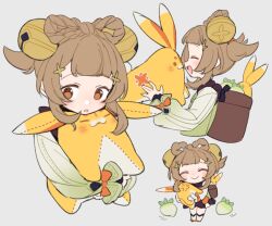 &gt;_&lt; 1girl :3 :d :o ^_^ animal animal_hug basket bell blunt_bangs blush boots bow bow-shaped_hair braid brown_eyes brown_hair closed_eyes closed_mouth commentary_request do_m_kaeru dress genshin_impact green_jacket grey_background hair_bell hair_ornament hands_up jacket jingle_bell long_sleeves looking_at_viewer multiple_views open_mouth orange_bow profile rabbit radish short_hair sidelocks simple_background smile white_footwear yaoyao_(genshin_impact) yuegui_(genshin_impact)