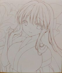 Rule 34 | 1girl, ainu clothes, breasts, bunching hair, hair ribbon, large breasts, long hair, looking at viewer, monochrome, nakoruru, ribbon, samurai spirits, sketch, smile, snk, solo, the king of fighters, traditional media