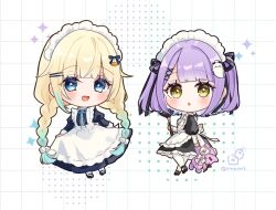 2girls :d :o aizawa_ema apron black_dress black_ribbon black_shoes blonde_hair blue_eyes blue_hair blush braid brown_eyes chibi commentary_request dotted_line dress duster frilled_apron frills ghost_hair_ornament gradient_hair grid_background hair_ornament hair_ribbon hairclip holding holding_stuffed_toy juliet_sleeves long_sleeves looking_at_viewer low_twintails maid maid_headdress mary_janes multicolored_hair multiple_girls open_mouth pantyhose parted_lips puffy_long_sleeves puffy_sleeves purple_hair ribbon rino_cnc shinomiya_runa shoes smile sparkle stuffed_animal stuffed_cat stuffed_toy twin_braids twintails twitter_username two_side_up virtual_youtuber vspo! white_apron white_background white_pantyhose x_hair_ornament