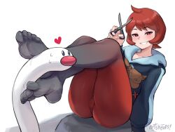 1girl arezu_(pokemon) artsheops blush brown_bag cameltoe diamond_clan_outfit feet highres hood hoodie looking_at_viewer nintendo pantyhose pokemon pokemon_(creature) pokemon_legends:_arceus red_eyes red_hair red_pantyhose scissors short_hair simulated_footjob smile solo teeth thighs white_background wiglett