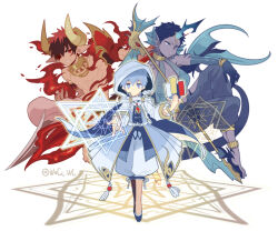 3boys aomine_daiki blue_cape blue_dress blue_eyes blue_footwear blue_hair blue_skin blue_sleeves cape closed_mouth coat collared_coat colored_skin demon_horns dress fingernails fins fire fish_boy full_body gold_necklace hair_between_eyes head_fins hexagram holding holding_polearm holding_weapon hood hood_up horns jewelry kagami_taiga kuroko_no_basuke kuroko_tetsuya looking_at_viewer male_focus multiple_boys necklace open_clothes open_coat pants pointy_ears polearm pout puffy_dress red_eyes red_hair sharp_fingernails sharp_toenails short_hair simple_background single_horn spear star_of_david teeth toenails topless_male twitter_username waco_(misonobu) weapon white_background white_pants