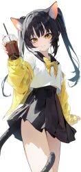 1girl absurdres animal_ear_fluff animal_ears animal_ears_(norankkori) black_hair black_skirt blush bow bowtie cat_ears cat_girl cat_tail cowboy_shot drink drinking_straw fingernails hand_up highres holding holding_drink jacket long_hair long_sleeves looking_at_viewer original pleated_skirt sailor_collar shirt simple_background skirt solo tail thighs twintails white_background white_shirt yellow_bow yellow_bowtie yellow_eyes yellow_jacket