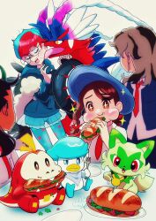 1boy 3girls artist_name arven_(pokemon) asymmetrical_bangs black_hair black_hoodie blue_eyes blue_hair blue_hat braid brown_eyes brown_hair closed_eyes closed_mouth collared_shirt commentary eating food food_on_face fork fuecoco glasses green_hair hair_ornament hat highres holding holding_food holding_fork holding_sandwich hood hoodie juliana_(pokemon) koraidon licking licking_another&#039;s_face long_hair looking_at_another looking_at_food looking_back medium_hair multicolored_hair multiple_boys multiple_girls naranja_academy_school_uniform necktie nemona_(pokemon) nintendo open_mouth pants pantyhose penny_(pokemon) plate pokemon pokemon_(creature) pokemon_sv puffy_cheeks quaxly red_eyes red_hair red_necktie round_eyewear saliva sandwich school_uniform see-through_clothes see-through_skirt sharp_teeth sheyona shirt short_hair shorts simple_background single_braid sitting skirt smile sparkle sparkling_eyes sprigatito starter_pokemon_trio sun_hat sweat table tablecloth teeth twitching two-tone_hair white_background white_shirt yellow_eyes