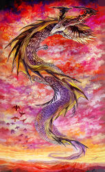 Rule 34 | animal focus, bird, claws, cloud, cloudy sky, commentary request, dragon, fins, floating, full body, highres, horns, mountain, multicolored sky, no humans, original, outdoors, pixiv fantasia, pixiv fantasia t, red sky, sakaya313, scales, scenery, signature, sky, solo, sunset, tail
