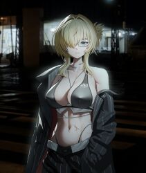 1girl abs absurdres bikini black_bikini black_jacket black_pants blonde_hair blue_eyes breasts commentary covered_erect_nipples glasses goddess_of_victory:_nikke grave_(beautiful_you)_(nikke) grave_(nikke) highres jacket large_breasts looking_at_viewer medium_hair navel night official_alternate_costume outdoors pants photo_background scar scar_on_stomach smile solo stomach swimsuit young999999990