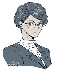 1girl closed_mouth commentary expressionless glasses ichigo_beeru jacket kiyomoto_(toshi_densetsu_kaitai_center) looking_at_viewer mole mole_under_mouth shirt short_hair simple_background solo symbol-only_commentary toshi_densetsu_kaitai_center upper_body white_background