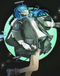 1girl absurdres ahoge ankle_boots aqua_eyes arknights arknights_yuu12 arm_pouch asymmetrical_gloves bare_legs black_background black_boots black_gloves black_horns black_jacket black_shorts black_tail blue_hair blue_wings boots chamomile dandelion_seed demon_horns demon_tail energy_wings feet_out_of_frame flower from_side fur-trimmed_hood fur_trim gloves hair_between_eyes halo hand_up highres holding holding_flower hood hooded_jacket horns jacket long_hair long_sleeves looking_ahead midriff_peek mismatched_gloves mostima_(arknights) open_clothes open_jacket profile shirt short_shorts shorts sidelocks solo tail traditional_halo white_gloves white_halo white_shirt wings