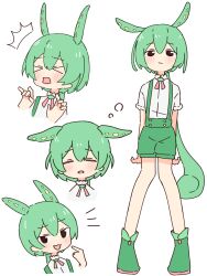 &gt;_&lt; 1girl absurdres auhuheben17 black_eyes boots closed_eyes closed_mouth full_body green_boots green_hair green_shorts green_suspenders hashtag-only_commentary highres multiple_expressions open_mouth shirt short_hair_with_long_locks short_sleeves shorts simple_background solo standing suspender_shorts suspenders voiceroid voicevox white_background white_shirt zundamon