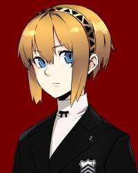 1girl aigis_(persona) android blonde_hair blue_eyes closed_mouth hairband highres looking_at_viewer persona persona_3 persona_5 rdc7229 school_uniform short_hair shuujin_academy_school_uniform simple_background solo