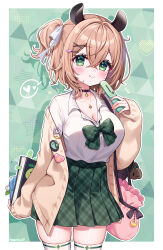 1girl animal_ears arm_behind_back book bow breasts brown_hair cleavage closed_mouth collared_shirt green_bow green_eyes green_skirt hair_ornament hairclip highres holding holding_book holding_phone indie_virtual_youtuber jewelry long_sleeves looking_at_viewer moorina necklace nimi_nightmare one_side_up phone school_uniform shirt short_hair skirt smile solo standing tapir_ears tapir_girl thighhighs virtual_youtuber white_shirt white_thighhighs