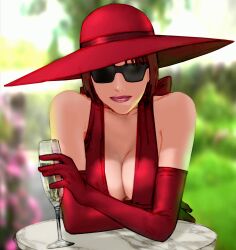 1girl alternate_costume anna_williams bare_shoulders breast_press breasts cleavage crossed_arms cup dress drinking_glass elbow_gloves gloves hat kawano_takuji large_breasts large_hat leaning_forward lips lipstick makeup official_art red_dress red_hair seductive_smile smile solo sunglasses table tekken tekken_5 wide_brim wine_glass