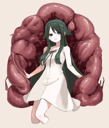 Rule 34 | 1girl, bare shoulders, breasts, dress, flesh, green eyes, green hair, highres, long hair, looking at viewer, parted lips, pure 556, ribbon, saya (saya no uta), saya no uta, sleeveless, sleeveless dress, small breasts, smile, solo, sundress, very long hair, white background, white dress