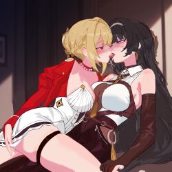 2girls astra_yao bare_shoulders between_breasts black_gloves black_hair black_pants blonde_hair blunt_bangs blush body_switch bodyguard braid braided_bun breasts chest_harness cleavage collared_shirt commentary cosplay costume_switch dress elbow_gloves english_commentary evelyn_chevalier eyebrows_hidden_by_hair fingerless_gloves french_kiss funflo gloves hair_bun hair_intakes hair_up hairband hand_in_own_panties harness high-waist_pants jacket jewelry kiss large_breasts latex_pants long_hair long_sleeves looking_at_another multiple_girls necklace necktie o-ring o-ring_harness panties pants panty_pull pearl_necklace personality_switch puffy_long_sleeves puffy_sleeves pulling_own_clothes purple_eyes pussy_juice red_eyes red_jacket shirt short_dress sleeveless sleeveless_shirt thigh_strap thighs tight_clothes tight_pants underwear white_hairband white_shirt yellow_necktie yuri zenless_zone_zero