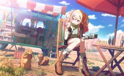 1girl ano_hi_sora_wa_tookatta_(project_sekai) black_gloves black_shorts blonde_hair blue_sky boots brown_boots capybara chair cloud cola colorful_palette curtains eating fingerless_gloves food fork full_body game_cg glass gloves grass grey_shirt hair_ornament highres holding holding_fork jacket official_art open_clothes open_jacket pink_eyes pink_hair project_sekai salad sandwich shirt shoelaces shorts sitting sky solo tenma_saki third-party_source trailer white_jacket