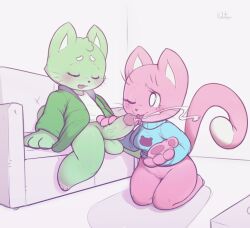 1boy 1girl :3 animal_ears animal_hands animal_nose arms_at_sides artist_name blue_sweater blush body_fur bottomless breasts breath cat_boy cat_ears cat_girl cat_tail cleft_of_venus closed_eyes closed_mouth couch cum ejaculation erection fang fellatio freckles full_body furry furry_female furry_male furry_with_furry green_fur green_jacket grey_background hands_up happy hetero indoors jacket kekitopu kneeling licking licking_penis long_sleeves looking_at_another mochi_(kekitopu) on_couch on_floor one_eye_closed open_clothes open_jacket open_mouth oral original pawpads penis pink_fur projectile_cum pussy seiza shirt signature sitting skin_fang small_breasts smile suama_(kekitopu) sweater tail tail_raised testicles tongue tongue_out u_u uncensored veins veiny_penis whiskers white_eyes white_shirt